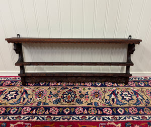 Antique English Carved Oak Plate Rack Lions Wall Shelf