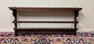 Antique English Carved Oak Plate Rack Lions Wall Shelf
