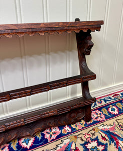 Antique English Carved Oak Plate Rack Lions Wall Shelf