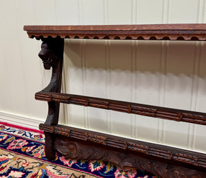 Antique English Carved Oak Plate Rack Lions Wall Shelf