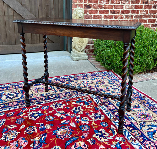 Antique English Barley Twist Sofa Entry Table Oak Carved Beveled Edge Top 1920s