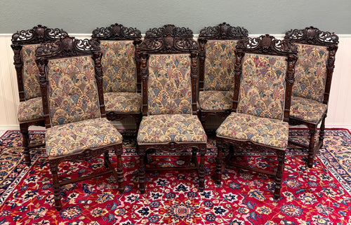 Antique French SET OF 8 Dining Chairs Upholstered Carved Walnut 19thC EXQUISITE
