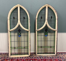 Load image into Gallery viewer, Antique English PAIR LARGE GOTHIC CHURCH Stained Glass Windows Leaded Framed