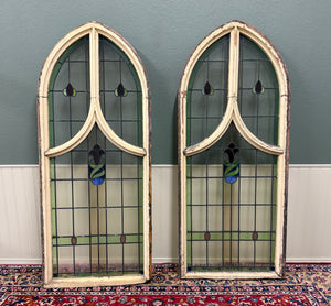 Antique English PAIR LARGE GOTHIC CHURCH Stained Glass Windows Leaded Framed