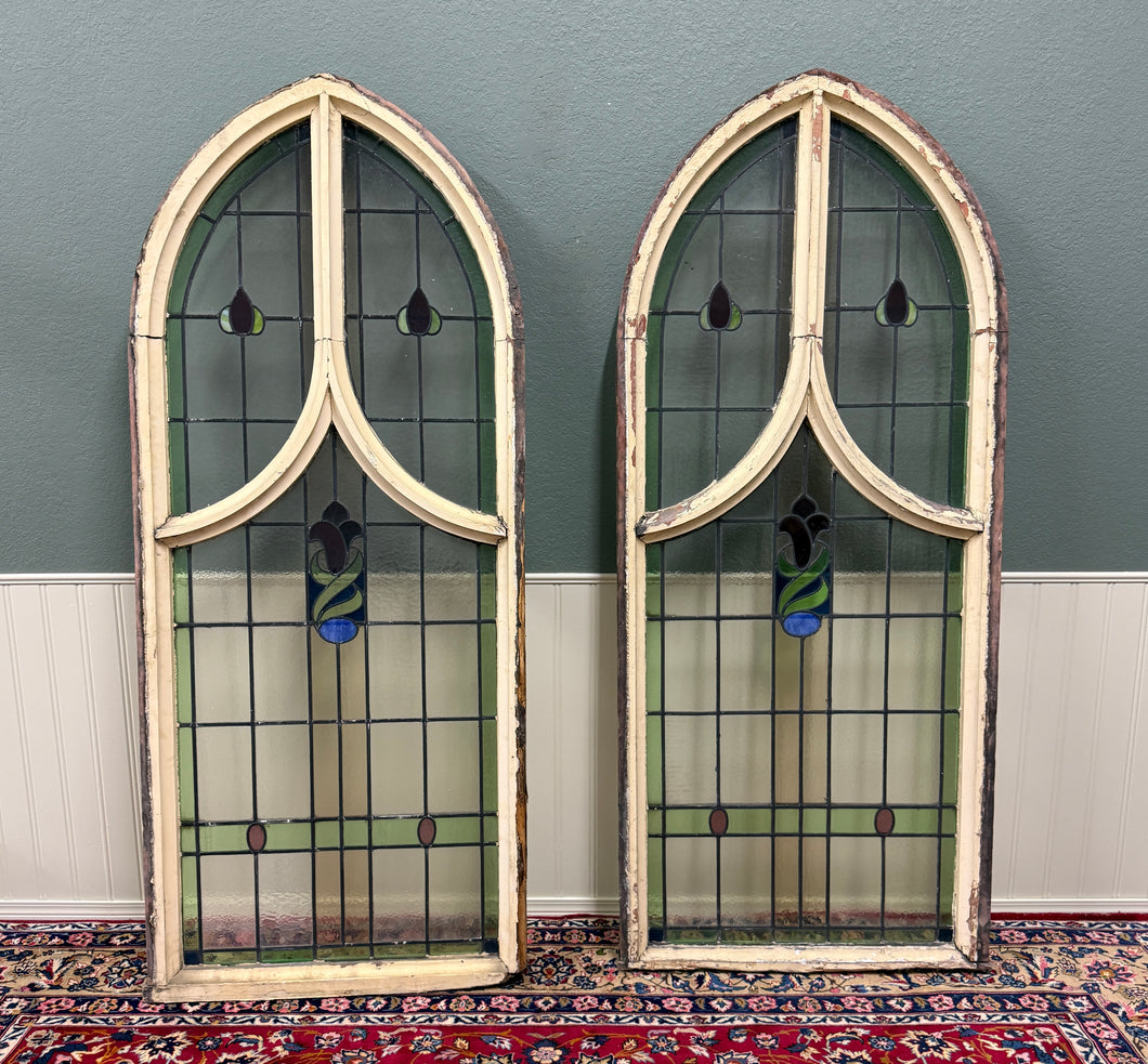 Antique English PAIR LARGE GOTHIC CHURCH Stained Glass Windows Leaded Framed