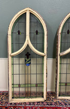 Load image into Gallery viewer, Antique English PAIR LARGE GOTHIC CHURCH Stained Glass Windows Leaded Framed