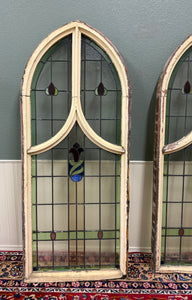 Antique English PAIR LARGE GOTHIC CHURCH Stained Glass Windows Leaded Framed
