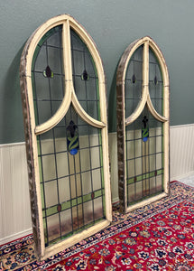Antique English PAIR LARGE GOTHIC CHURCH Stained Glass Windows Leaded Framed