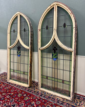 Load image into Gallery viewer, Antique English PAIR LARGE GOTHIC CHURCH Stained Glass Windows Leaded Framed