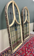 Load image into Gallery viewer, Antique English PAIR LARGE GOTHIC CHURCH Stained Glass Windows Leaded Framed