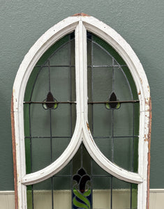 Antique English PAIR LARGE GOTHIC CHURCH Stained Glass Windows Leaded Framed