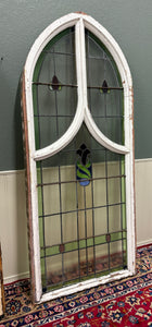 Antique English PAIR LARGE GOTHIC CHURCH Stained Glass Windows Leaded Framed