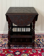 Load image into Gallery viewer, Antique English Cloverleaf Side Table Carved Top Lower Gallery Oak c. 1900