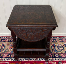 Load image into Gallery viewer, Antique English Cloverleaf Side Table Carved Top Lower Gallery Oak c. 1900