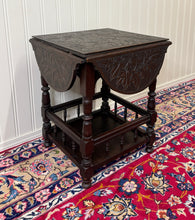 Load image into Gallery viewer, Antique English Cloverleaf Side Table Carved Top Lower Gallery Oak c. 1900