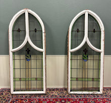 Load image into Gallery viewer, Antique English PAIR LARGE GOTHIC CHURCH Stained Glass Windows Leaded Framed