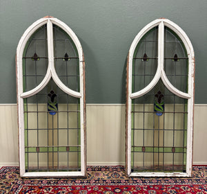 Antique English PAIR LARGE GOTHIC CHURCH Stained Glass Windows Leaded Framed