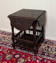 Load image into Gallery viewer, Antique English Cloverleaf Side Table Carved Top Lower Gallery Oak c. 1900