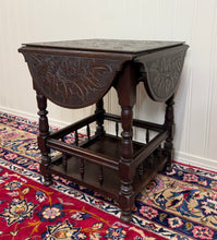 Load image into Gallery viewer, Antique English Cloverleaf Side Table Carved Top Lower Gallery Oak c. 1900