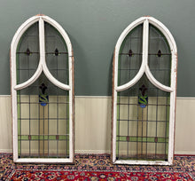 Load image into Gallery viewer, Antique English PAIR LARGE GOTHIC CHURCH Stained Glass Windows Leaded Framed