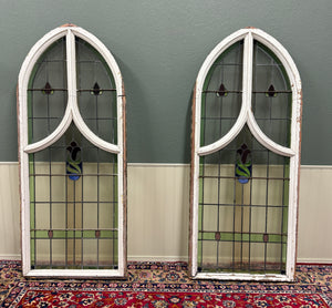 Antique English PAIR LARGE GOTHIC CHURCH Stained Glass Windows Leaded Framed