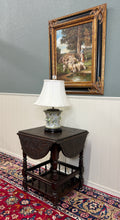 Load image into Gallery viewer, Antique English Cloverleaf Side Table Carved Top Lower Gallery Oak c. 1900