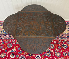 Load image into Gallery viewer, Antique English Cloverleaf Side Table Carved Top Lower Gallery Oak c. 1900