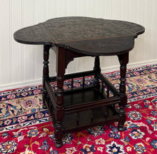 Load image into Gallery viewer, Antique English Cloverleaf Side Table Carved Top Lower Gallery Oak c. 1900