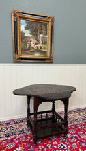Load image into Gallery viewer, Antique English Cloverleaf Side Table Carved Top Lower Gallery Oak c. 1900