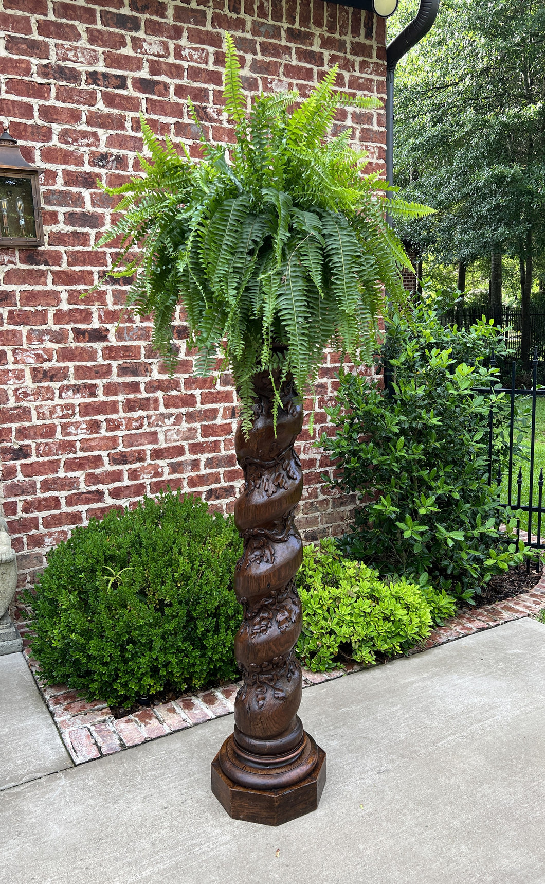 Antique French Barley Twist Pedestal Plant Stand Newell Post Grapevine Oak 57