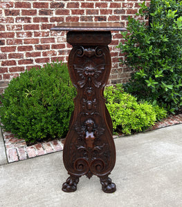 Antique French Pedestal Plant Stand Display Table Carved Oak 49.5" Tall 19th C