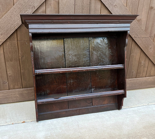 Antique English Wall Shelf Plate Rack Hanging Bookcase Cabinet Oak Mid 19th C