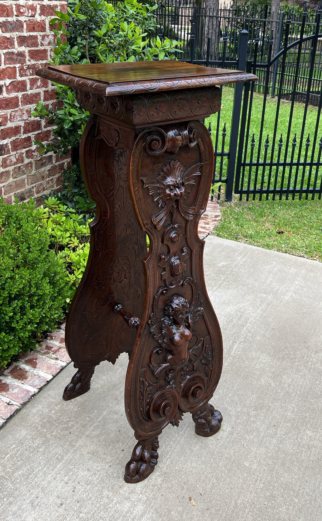 Antique French Pedestal Plant Stand Display Table Carved Oak 49.5