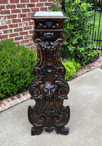 Antique French Pedestal Plant Stand Marble Top Carved Oak 48" T Display Table