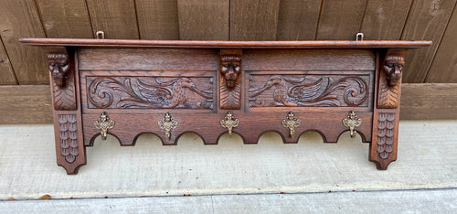 Antique French Wall Shelf Hat Coat Rack Oak c 1930s