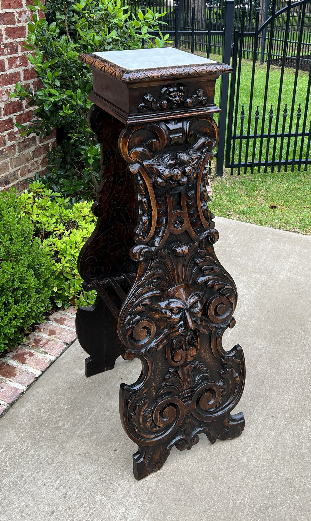 Antique French Pedestal Plant Stand Marble Top Carved Oak 48