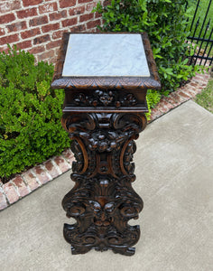 Antique French Pedestal Plant Stand Marble Top Carved Oak 48" T Display Table