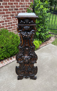 Antique French Pedestal Plant Stand Marble Top Carved Oak 48" T Display Table