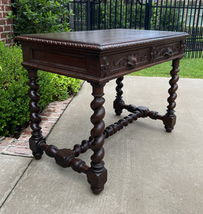 Antique French Desk Table Renaissance Revival 3" Barley Twist Oak 2 Drawers