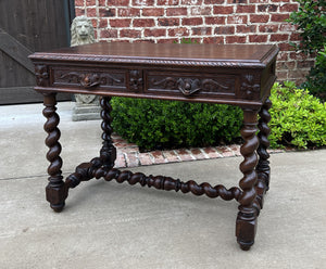 Antique French Desk Table Renaissance Revival 3" Barley Twist Oak 2 Drawers