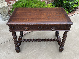 Antique French Desk Table Renaissance Revival 3" Barley Twist Oak 2 Drawers