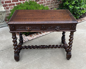 Antique French Desk Table Renaissance Revival 3" Barley Twist Oak 2 Drawers