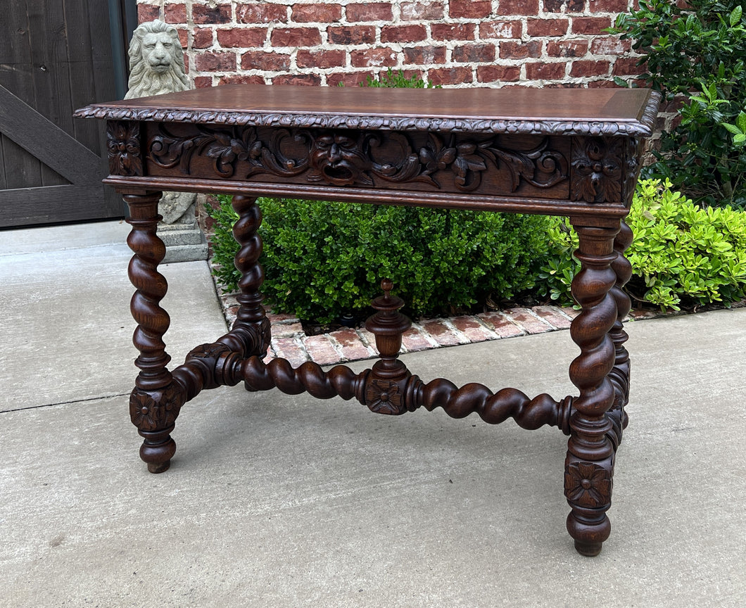 Antique French Desk Writing Table Renaissance Wide Drawer Oak Barley Twist