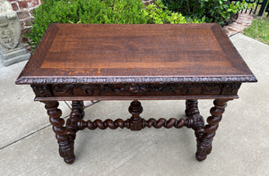 Antique French Desk Writing Table Renaissance Wide Drawer Oak Barley Twist