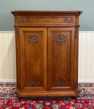 Load image into Gallery viewer, Antique French Double Door Cabinet Cupboard Carved Honey Oak Drawer early 20th