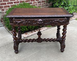 Antique French Desk Writing Table Renaissance Wide Drawer Oak Barley Twist