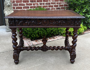 Antique French Desk Writing Table Renaissance Wide Drawer Oak Barley Twist