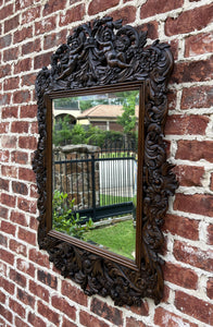 Antique French Mirror Framed Hanging Wall Mirror Cherubs Beveled Rectangular Oak