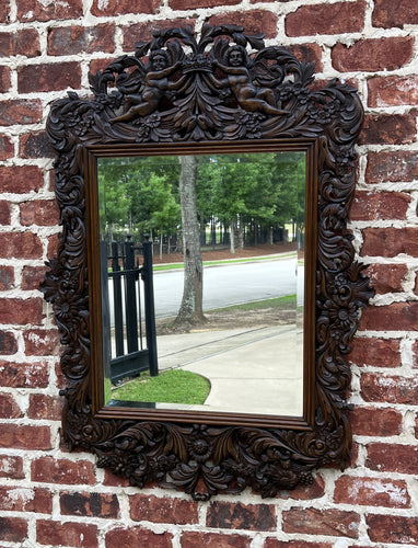Antique French Mirror Framed Hanging Wall Mirror Cherubs Beveled Rectangular Oak