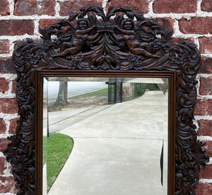 Antique French Mirror Framed Hanging Wall Mirror Cherubs Beveled Rectangular Oak